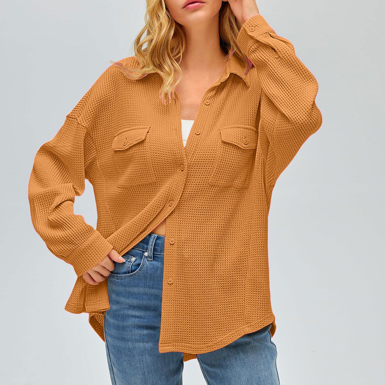 thumbnail image 2 of Camisa con bolsillos de color liso para mujer: top de punto holgado de manga larga, poliéster, versátil para primavera/otoño, tallas US 4-12, EU 34-42, 2 of 7
